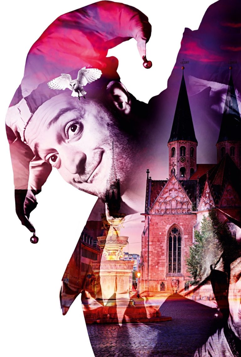 Till Eulenspiegel Ein Bild mit der mittelalterlichen Figur Till Eulenspiegel sowie einer Kirche.