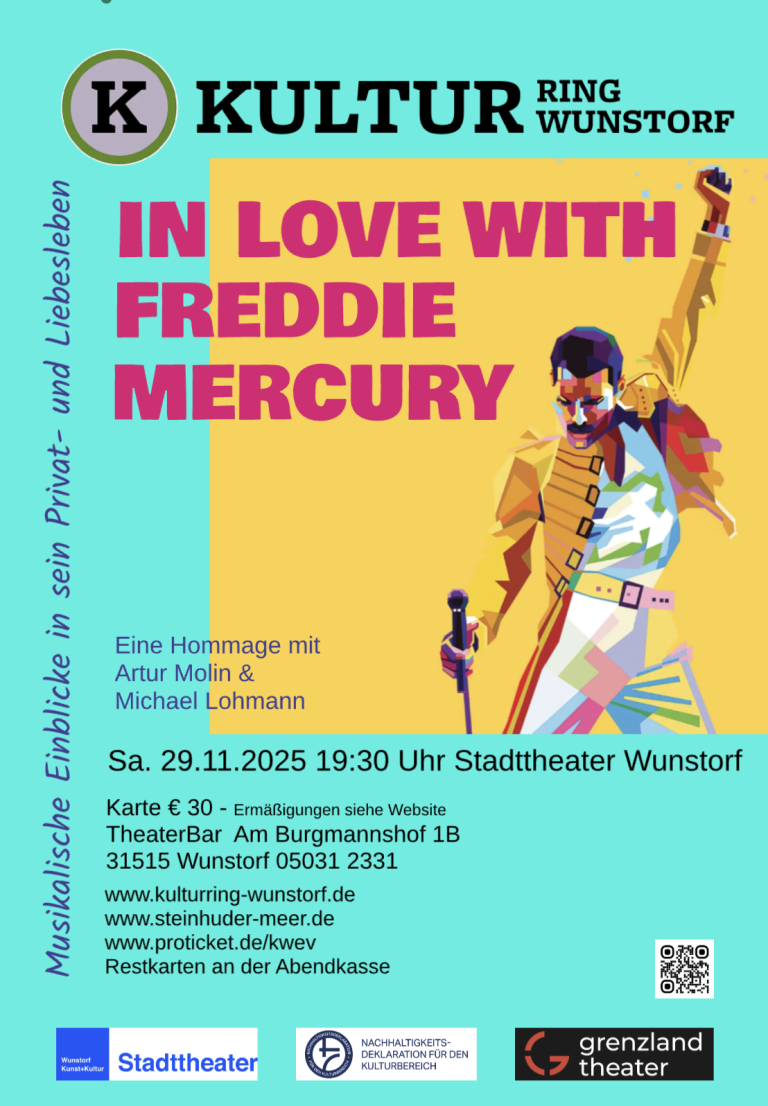 In Love With Freddie Mercury Plakat in türkis, magenta und gelb mit einer gezeichneten Figur des Sängers Freddie Mercury.