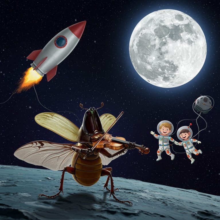 Peterchens mondfahrt:next generation Ein Bild mit Rakete, Mond, Maikäfer, Geige und zwei Kinder Astronauten. Der Maikäfer spielt auf der Geige.